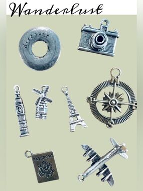 8 Travel Theme Charms Bundle London Paris Netherlands Plane Passport Compass